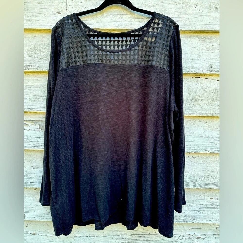 Lane Bryant Womens Sweater Black Crochet Lace Yoke  Neck plus size